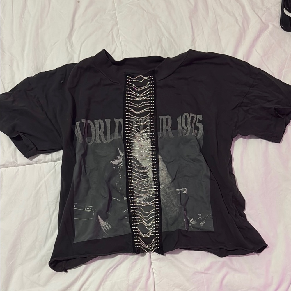Black Graphic T-Shirt with Rhinestone Detail